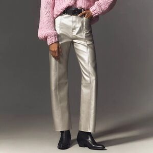 Pistola Taylor Metallic Faux-Leather High-Rise Arched Pants-Silver-Women 29 NWT